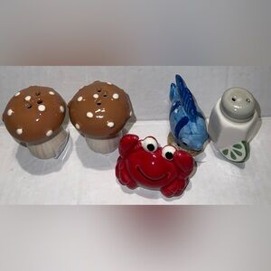 Whimsical Ceramic Salt & Pepper Shakers Bundle Mushroom, Crab, Fish 5 Pieces